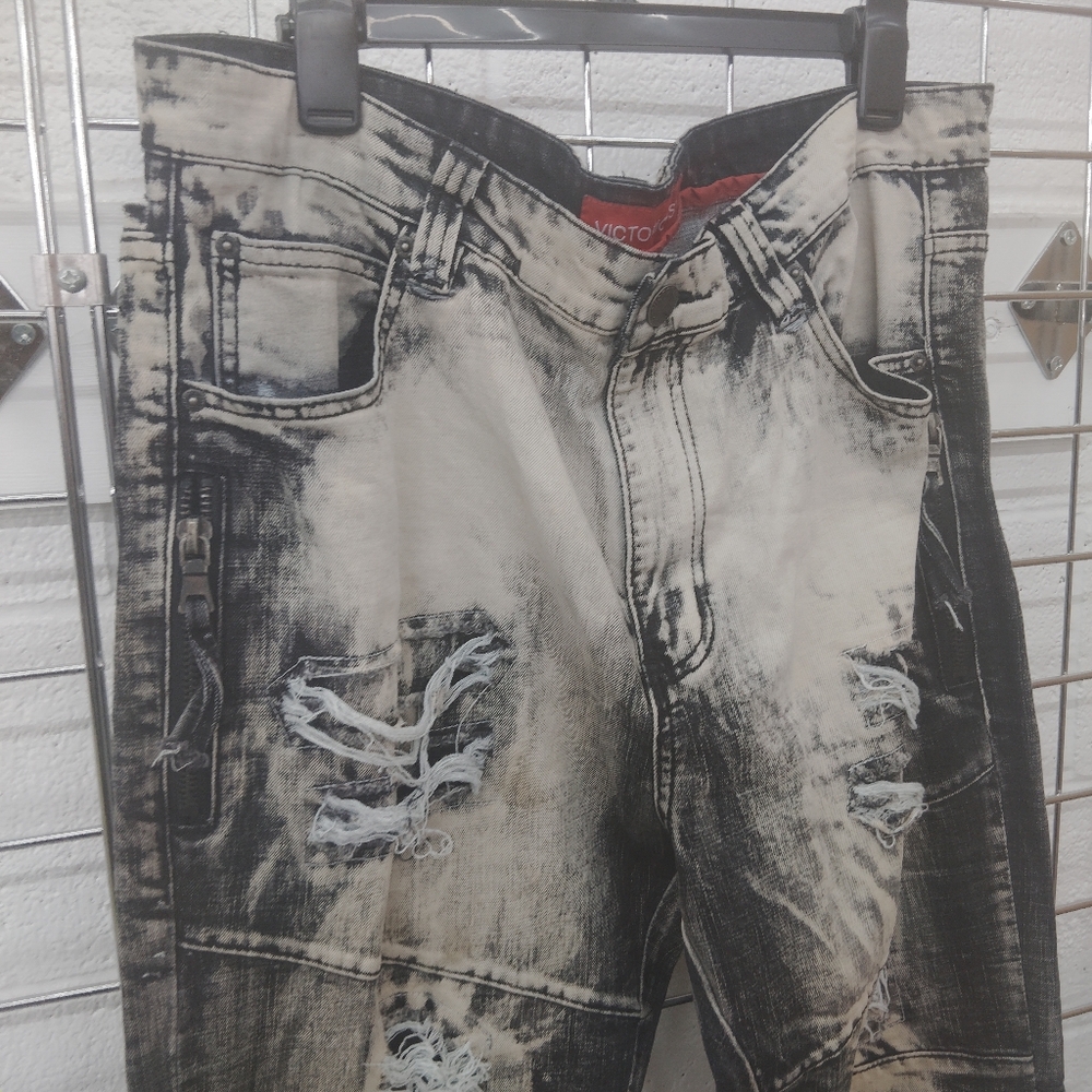 VICTORIOUS Men's Distressed Gray Biker Jeans Size 38 x 32 - Picture 5 of 11